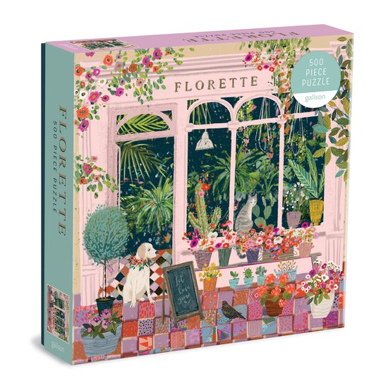 Puzzeldoos met een illustratie van een bloemenwinkel genaamd 'Florette'. Een hondje en kat kijken naar buiten. Roze, groen en bloemen.