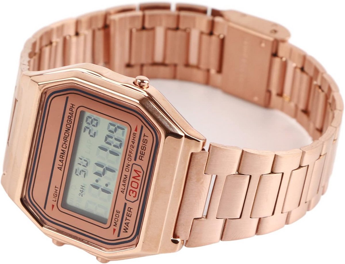 Vintage Dames Digitale Horloge LED Backlight Roestvrijstaal Band