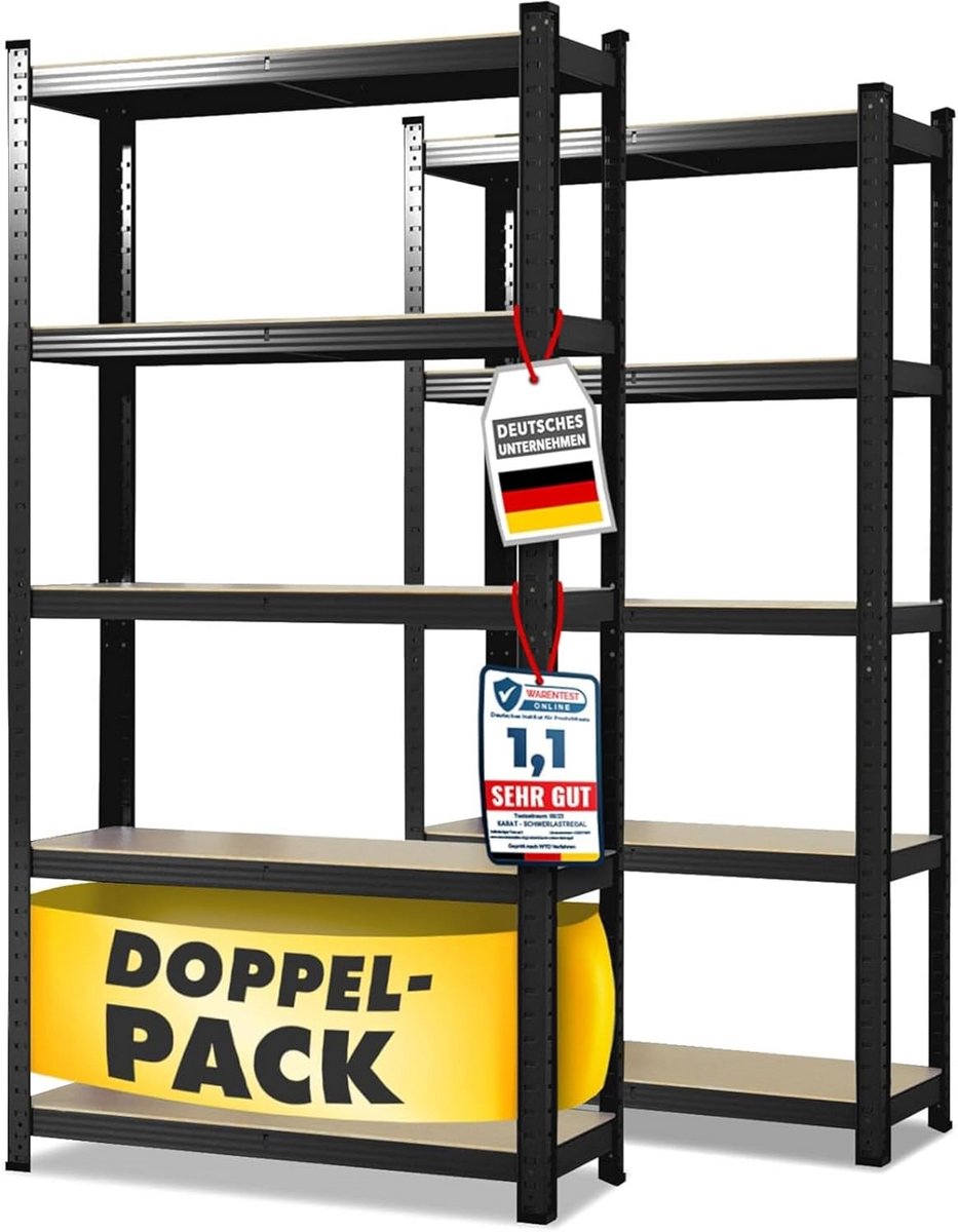 Dubbel rek voor zware lasten zwart 200 x 120 x 60 cm - magazijnrek zonder gereedschap