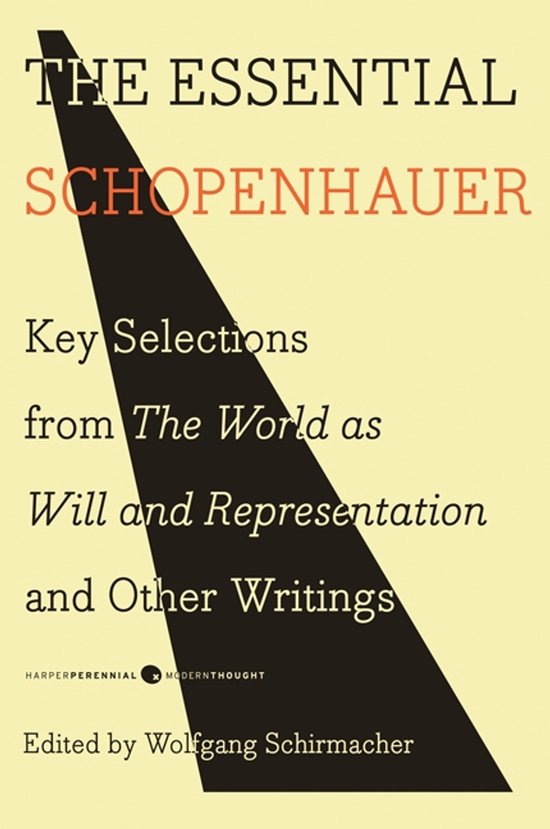 De kaft van het boek "The Essential Schopenhauer". Grijze achtergrond met een zwarte diagonale streep.