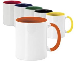 Set van 36 sublimatie mokken 350 ml met witte afwerking in diverse kleuren, geleverd in individuele doosjes