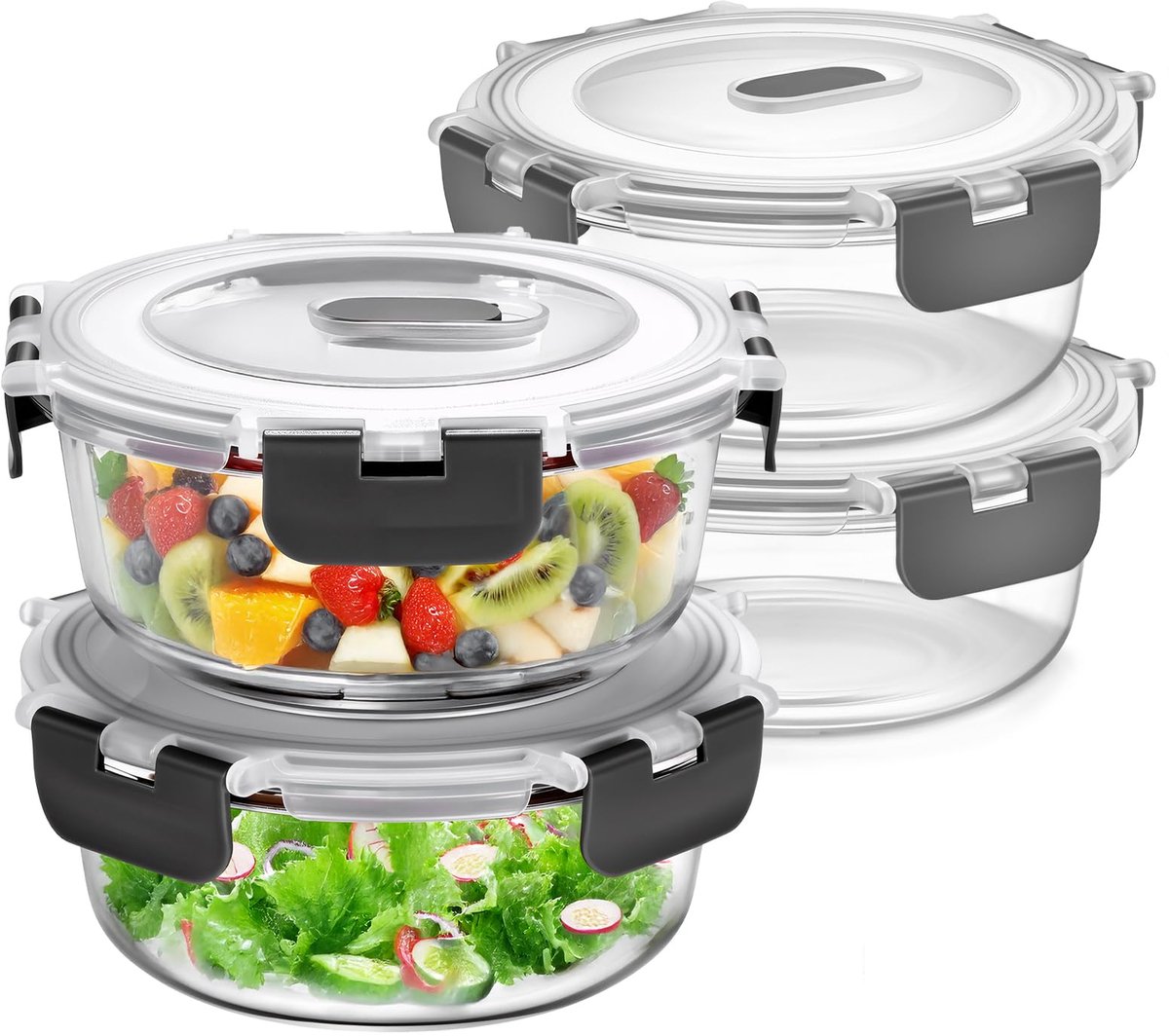 Unyqoos® Set van vier ronde glazen containers met deksel voor veelzijdige opslag