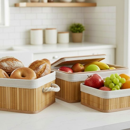 Drie naturel bamboe opbergmanden gevuld met brood en fruit in een keuken.