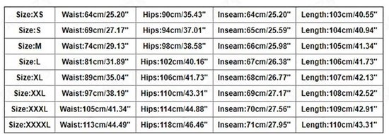 Maattabel voor broeken met maten in centimeters en inches voor taille, heupen, binnenbeenlengte en totale lengte.