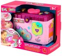Roze glitter geheime sieradendoos met hartvormig slot, regenboog en eenhoorn versieringen. "Secret Jewellery Box with Message Recorder" staat erop.