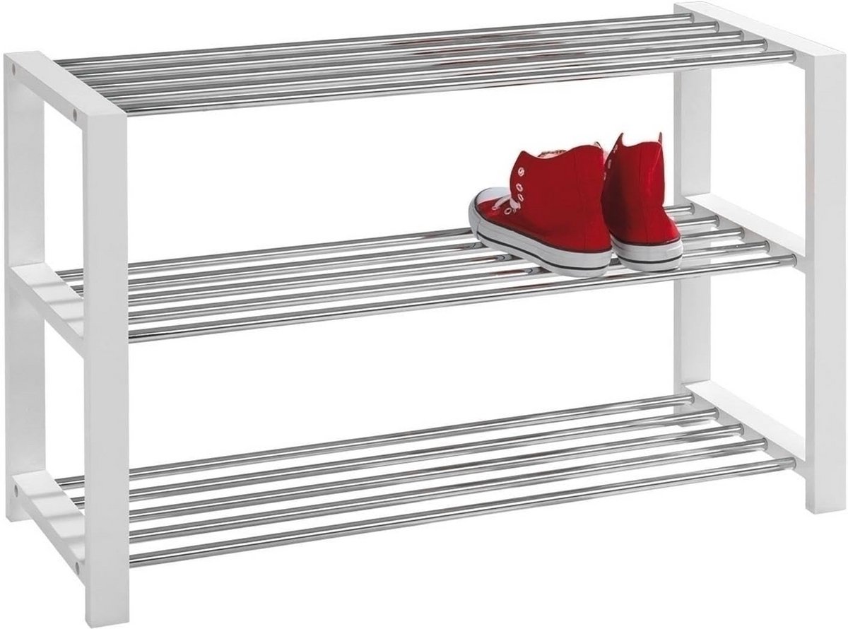 Schoenenrek 3 lagen - 12 paar - Wit MDF - Verchroomd - 80 cm