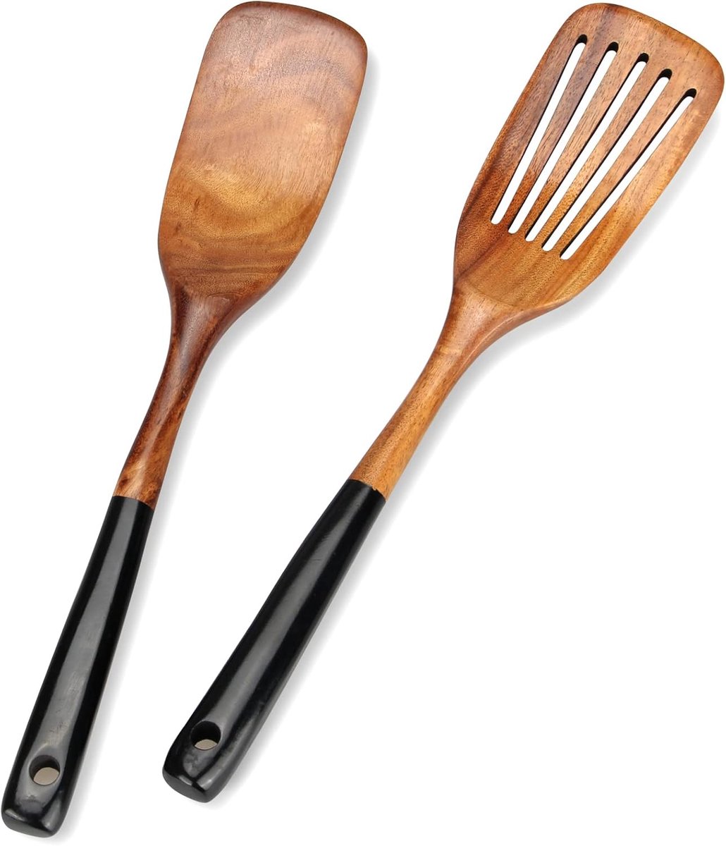 2-delige houten spatelset - Keukengerei - Teakhouten keukengerei - Zeef, pannenkoekspatel, platte houten spatel, bamboe lepel