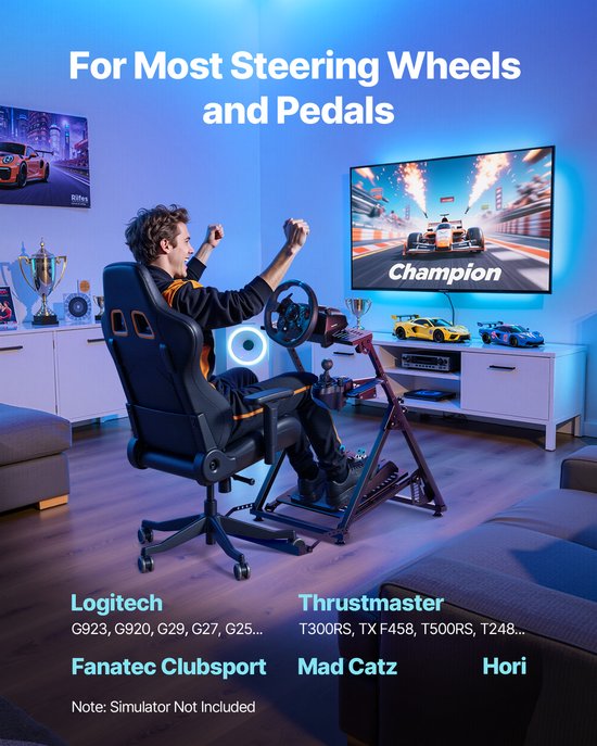 Verstelbare en Opvouwbare Racestuurstandaard, Compatibel met Logitech G923 G920 G29 G27, Thrustmaster T300rs TX F458 T500rs T3pa-Pro(F1/GT), Gaming Cockpit Stand, Pedalen Niet Inbegrepen van Merkloos — afbeelding 3
