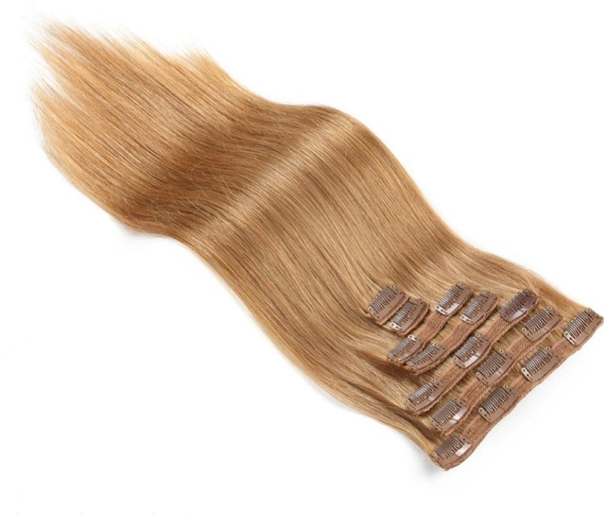 Clip-in hair extensions - 100% echt mensenhaar - 7 stuks - kleur 27# naturel donkerblond - 30 cm - 100gr - herbruikbaar