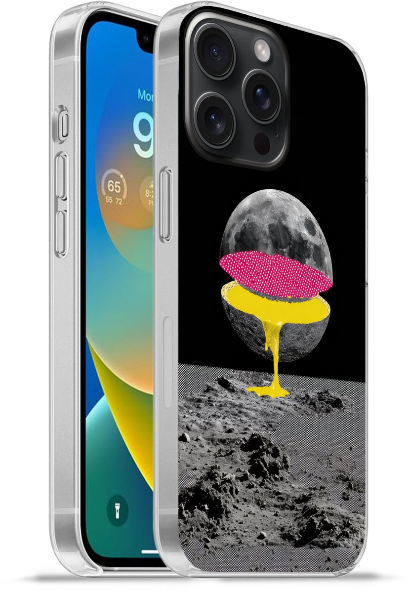 Telefoonhoesje Geschikt voor iPhone 15 Pro Max hoesje - Maan - Geel - Roze - Zwart - Siliconen Telefoonhoesje Telefoonhoesje