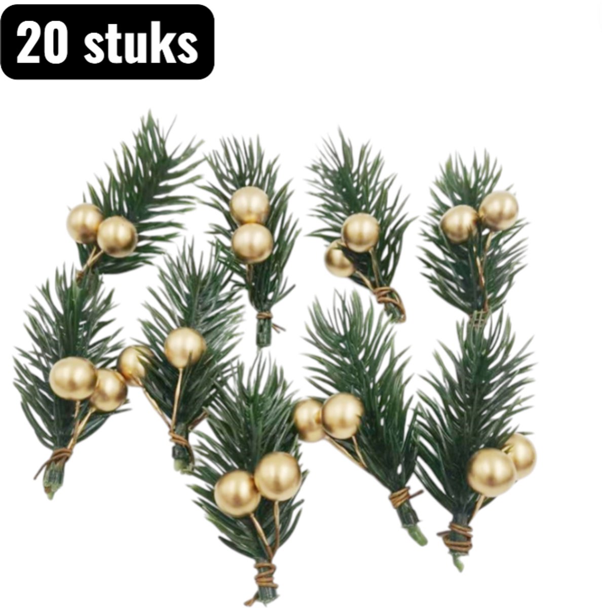 30 stuks - Kerstversiering - Kersthanger - Kerstkrans - Kunst Dennentakken met Bessen - 5.5cm - Kersttakversieringen - Kerststukjes - Realistische Kerststukjes Takken - Goud