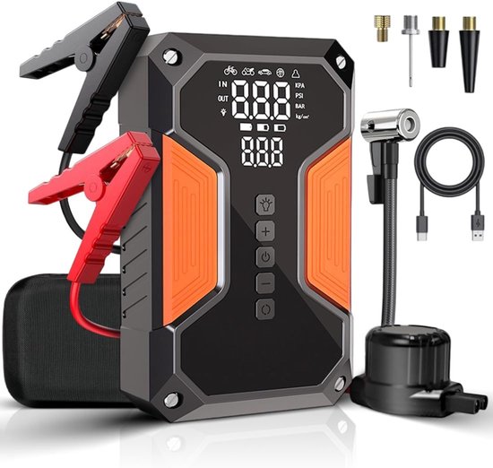 White-Label® Jumpstarter met Compressor - Startkabels - Starthulp voor Auto - Accubooster - Zwart en Oranje