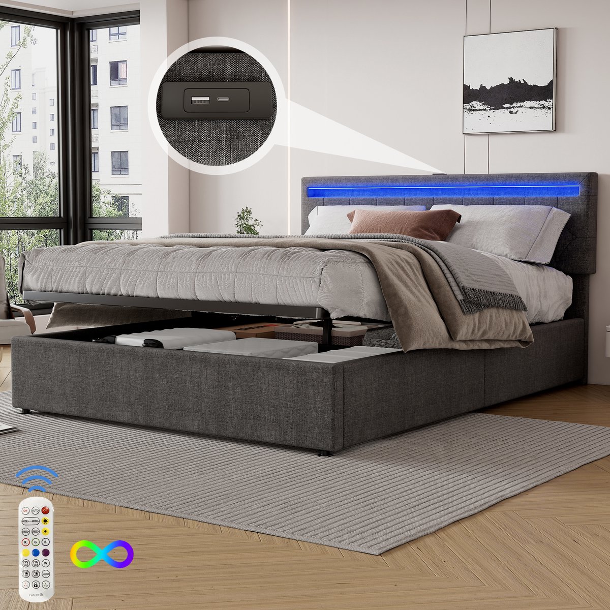 Bed 160x200 cm - 28 Lattenbodem - 220 kg Draagvermogen - Grijs Linnen + MDF - LED Verlichting met Afstandsbediening - Hydraulische Opbergruimte - USB/Type-C Oplaadpoorten