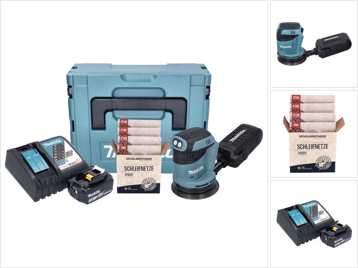 Makita DBO 180 RF1J accu-excentrische schuurmachine 18 V 125 mm + 1x accu 3,0 Ah + oplader + Toolbrothers SPIDER schuurset netschuurmiddelen + Makpac