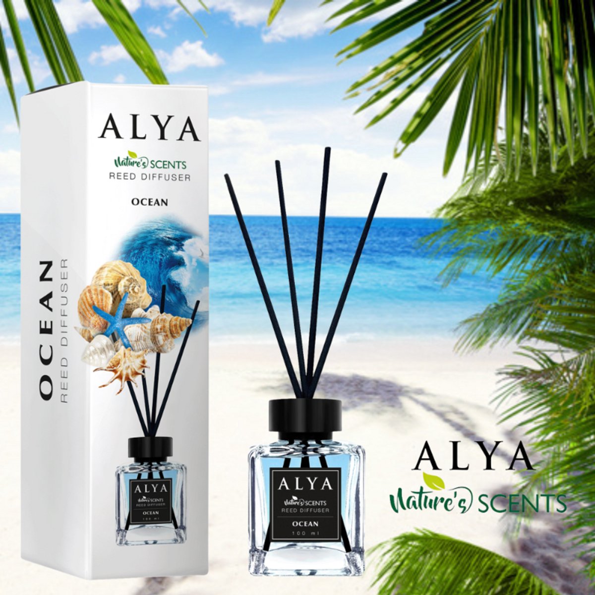 Alya Geurstokjes - Ocean - 100ml - Huisparfum - Luxe Glasflacon - Langdurige Geur