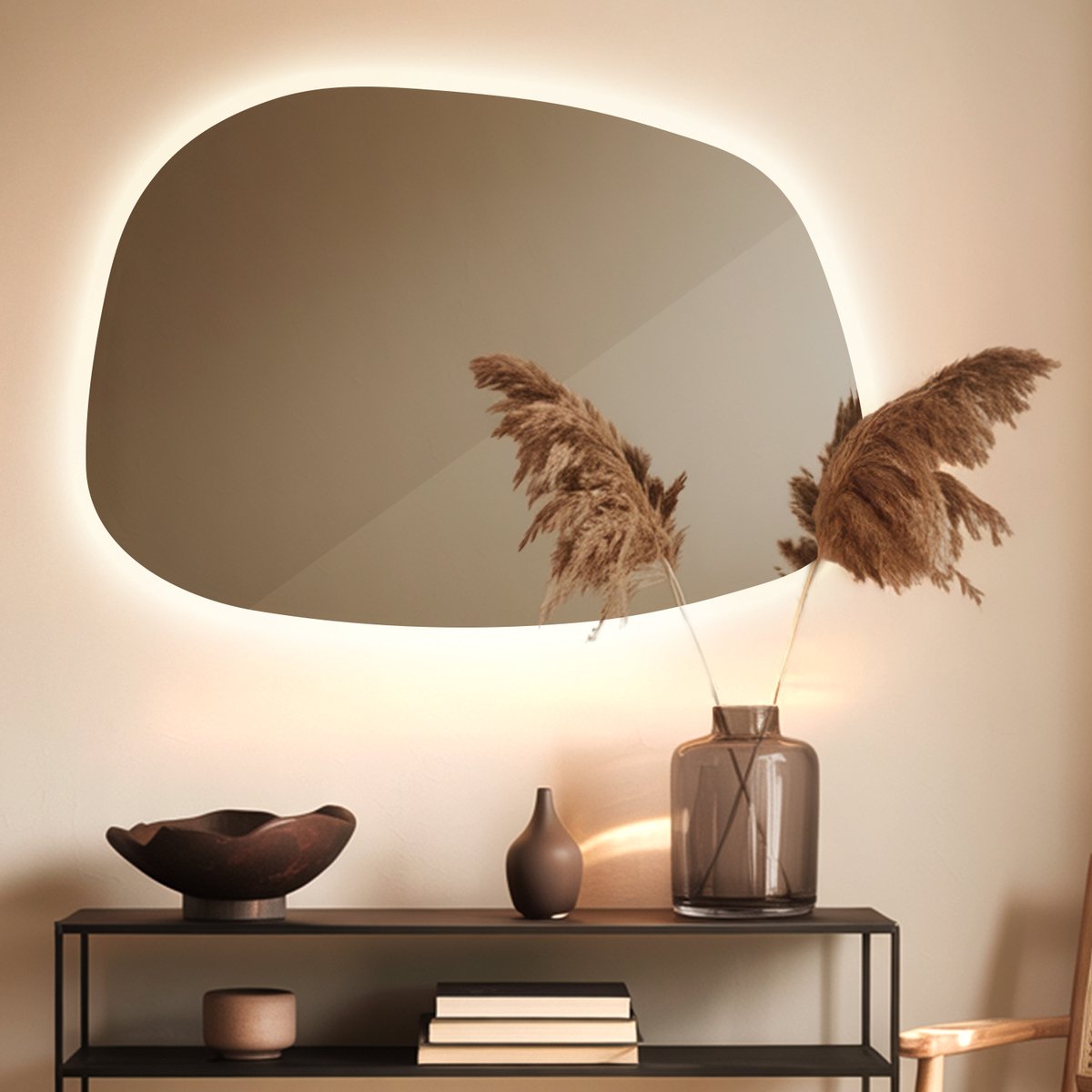 Coloray Wandspiegel LED - Organische Spiegel Met LED Verlichting - 67,9 cm x 47 cm - Grote Organische Woonkamer Spiegel LED - Spiegel Organisch Met Licht - Warm Licht - Minimalistisch LED Spiegel - Grote Organische Spiegel Woonkamer LED