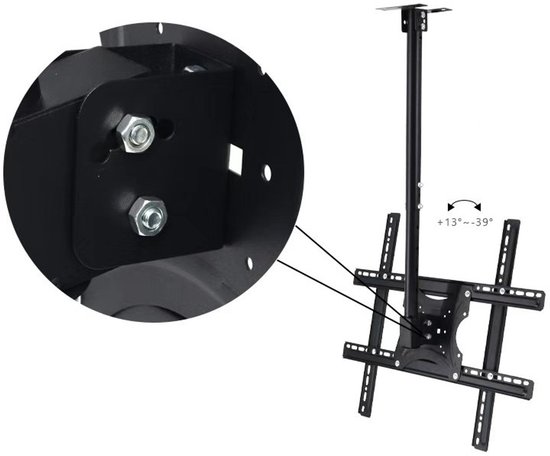 Zwarte plafond TV-beugel met een gedetailleerde weergave van de kantelmechanismen.