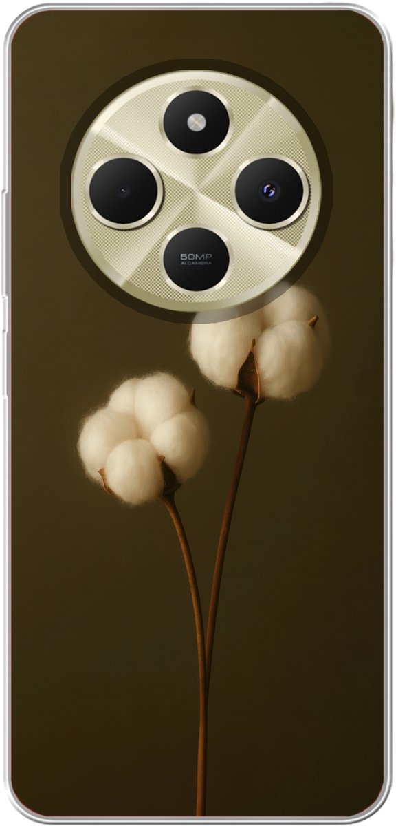 Telefoonhoesje Geschikt voor Xiaomi Geschikt voor Redmi 14C hoesje - Takken - Katoen - Wit - Bollen - Siliconen Telefoonhoesje Telefoonhoesje