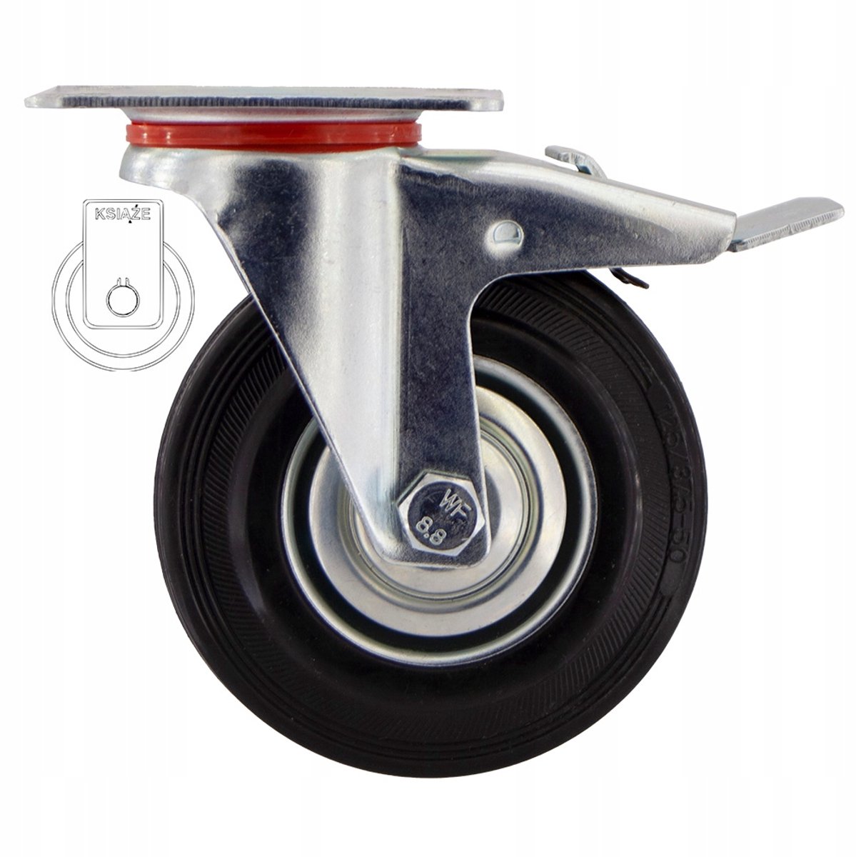 Zwenkwiel 125mm met rem, 100kg draagvermogen, metaal/rubber
