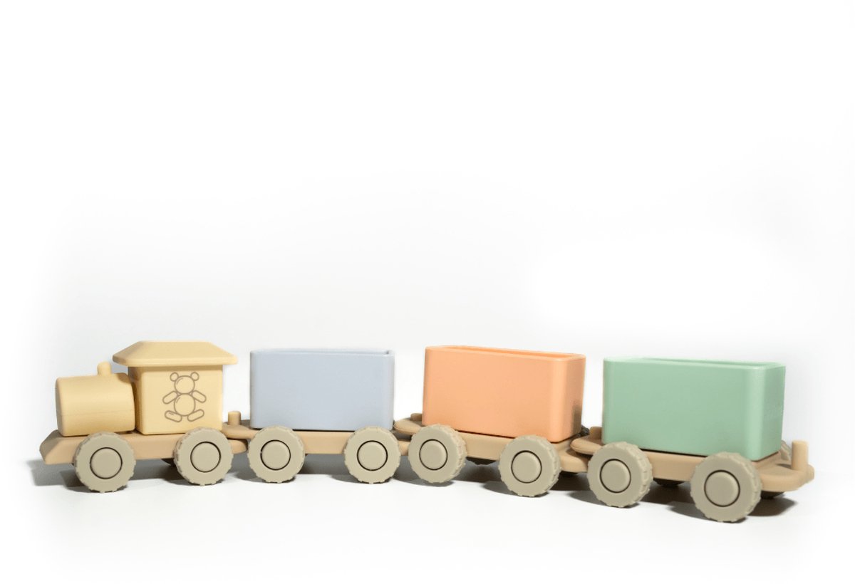Mabebi - Toyama Trein - Siliconen Trein - Speelgoedtrein - Trein met Wieltjes - Treinset - Trein met 3 wagonnetjes - Kraamcadeau - Cadeautip - Peuter en Kleuter speelgoed - Fluisterspeelgoed - Zacht en Stil Speelgoed - Multi Zachte Pastelkleuren
