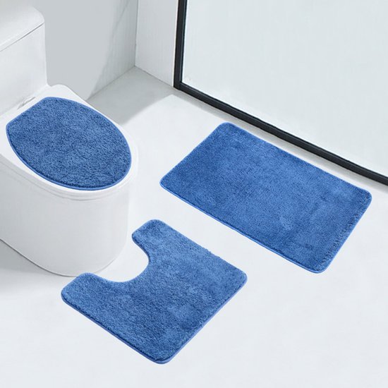 Driedelige set waterabsorberende antislipmatten - badkamertoilet toilettapijten - toiletbrilmatten - effen kleur eenvoudige huishoudelijke harige vloermatten,blauw