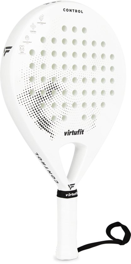 VirtuFit Control Padel Racket - Wit - Zwart - Inclusief Polskoord - Padelracket - Paddle - Geschikt voor Beginners - Rond Blad met Kern van EVA Foam - Lichtgewicht - Ergonomisch Handvat - Glasvezel Blad