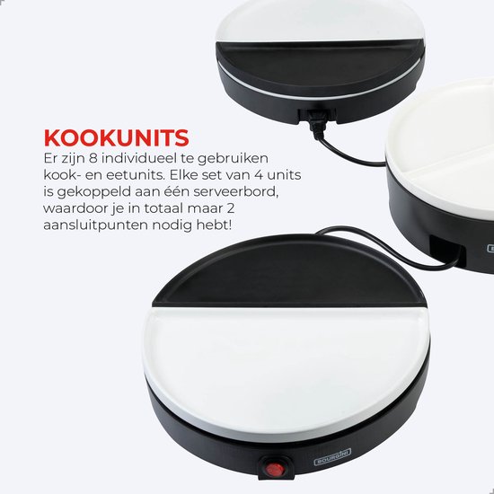 Drie Bourgini gourmetstellen verbonden met elkaar, met elk een zwart en wit bord.