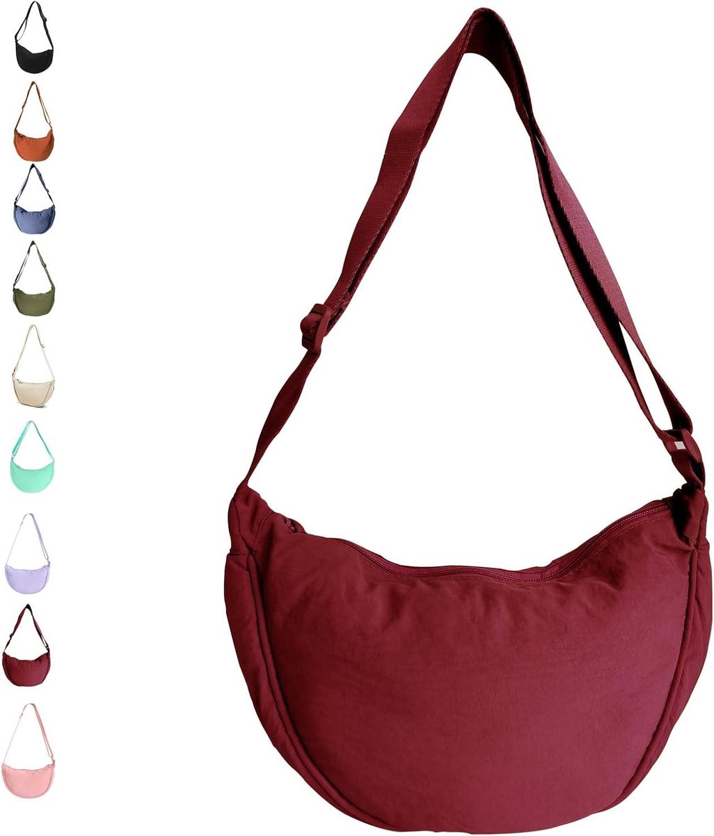 CSGoods - Nylon halve maan tas voor vrouwen met verstelbare riem, bordeaux.