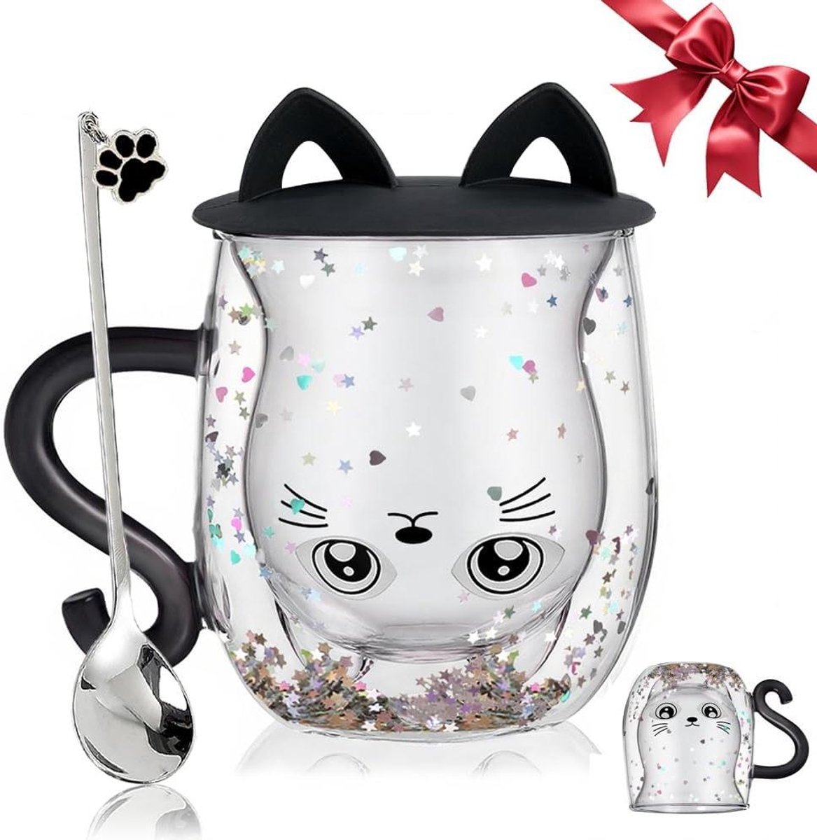 CSGoods - Dubbelwandige Glazen Koffie Latte Cup met Zwarte Kat Design - Leuke Cadeaus voor Vrouwen - Kerst Kous Vullers, Verjaardag, Valentijnsdag, Halloween