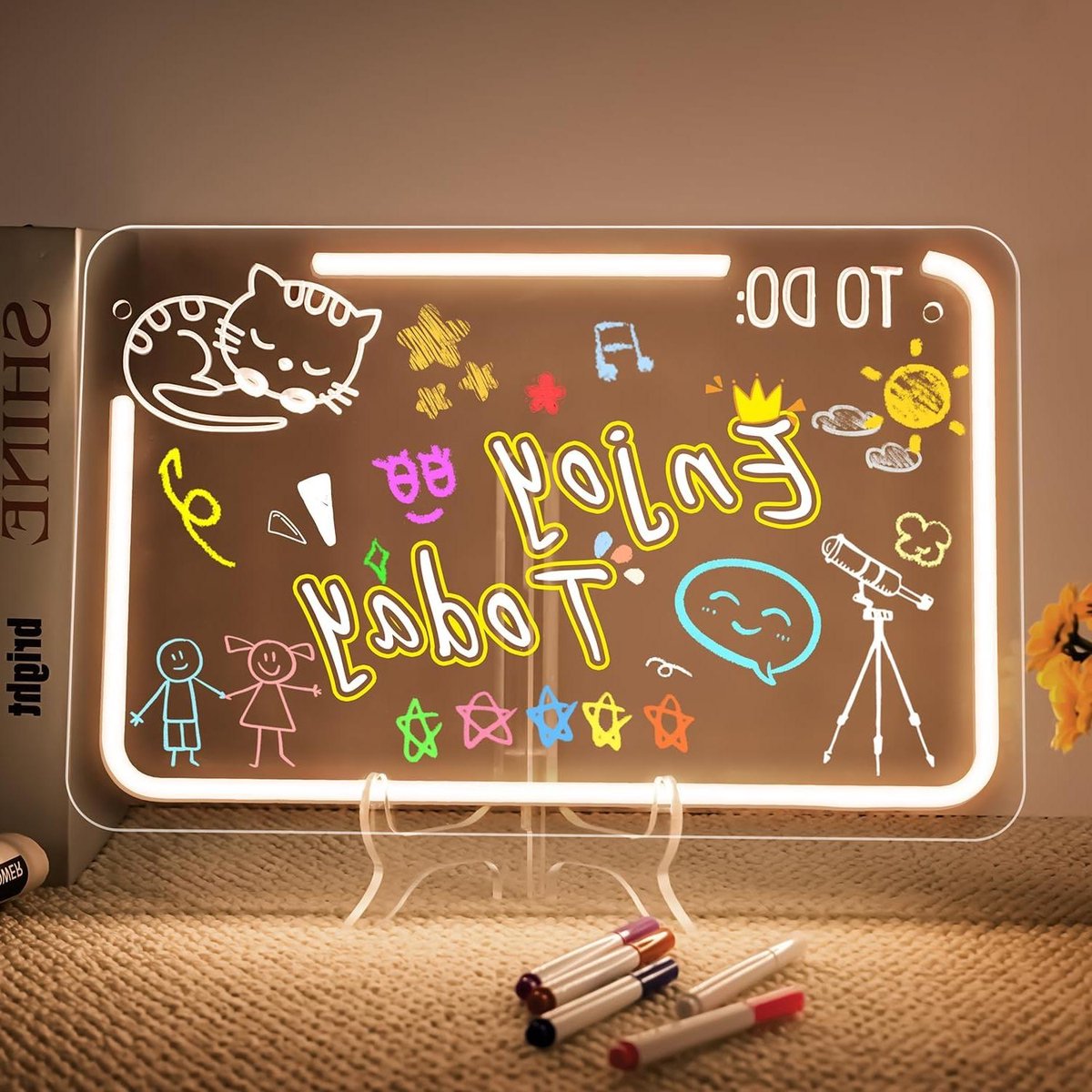 CSGoods - Led-tekenbord voor kinderen | Met kleuren en dimfunctie | USB-oplaadbaar | Inclusief 7 markeerstiften | Voor herinneringen, promotie en verjaardag