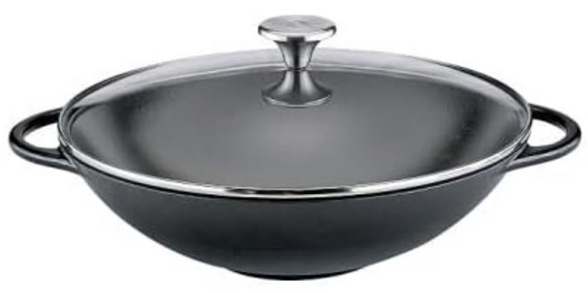 Wok met glazen deksel - 30 cm - Gietijzer - Geschikt voor alle warmtebronnen
