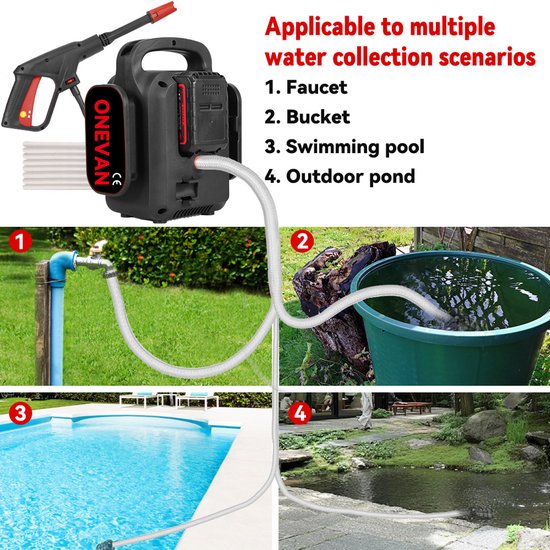ONEVAN Hogedrukreiniger - 60 Bar Mobiele Hogedrukreiniger - 21V Pressure Washer Hogedrukreiniger - met 2 accu's - Terrasreiniger - 15 m slang - auto en tuin reinigen van Merkloos	 — afbeelding 4