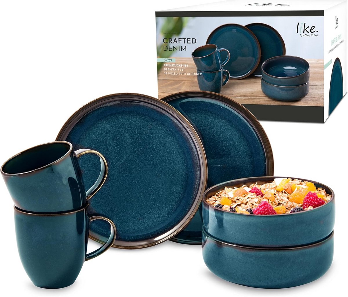 Ontbijtset Blauw 6-Delig voor 2 Personen - Servies Bovenkant Servies
