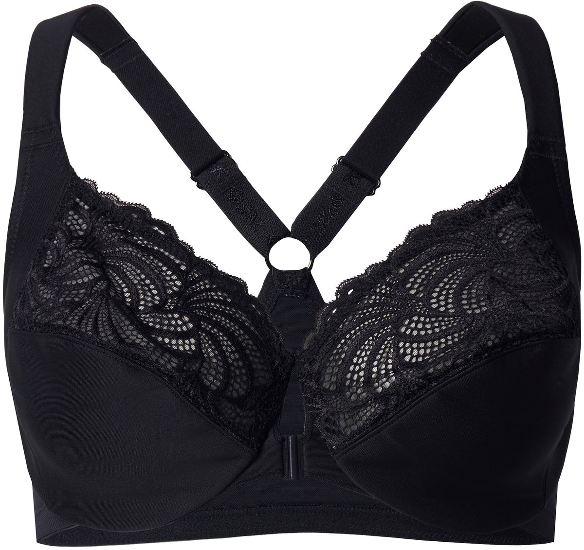 Ulla Popken - Dames - Beugelbeha kant zachte cups voorsluiting - Zwart - Maat 85C