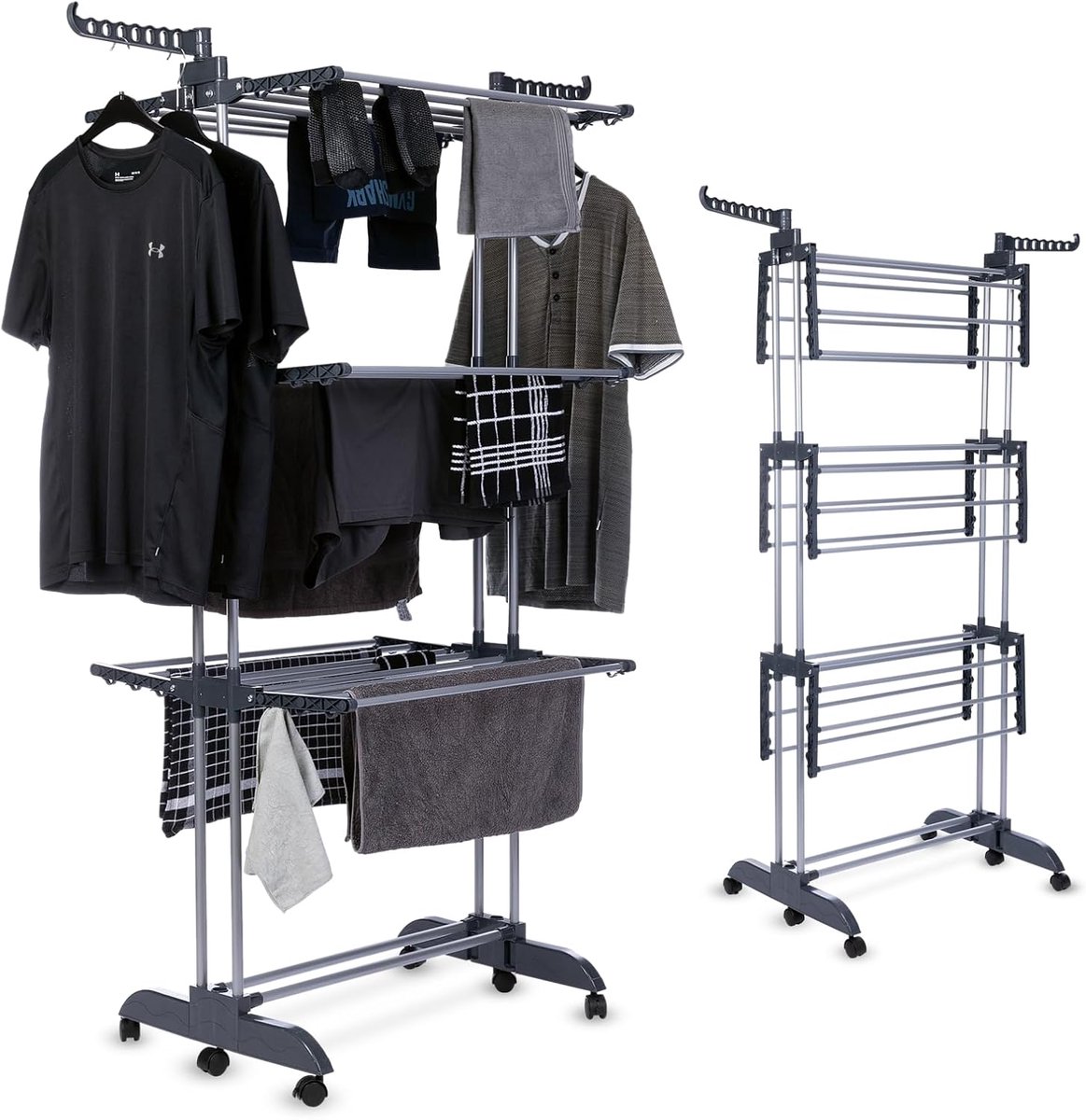 Waskrek - Droogrek Torens - Kleding Drogen - Inklapbaar Met Wielen - 45 x 75 x 173 cm - Zwart