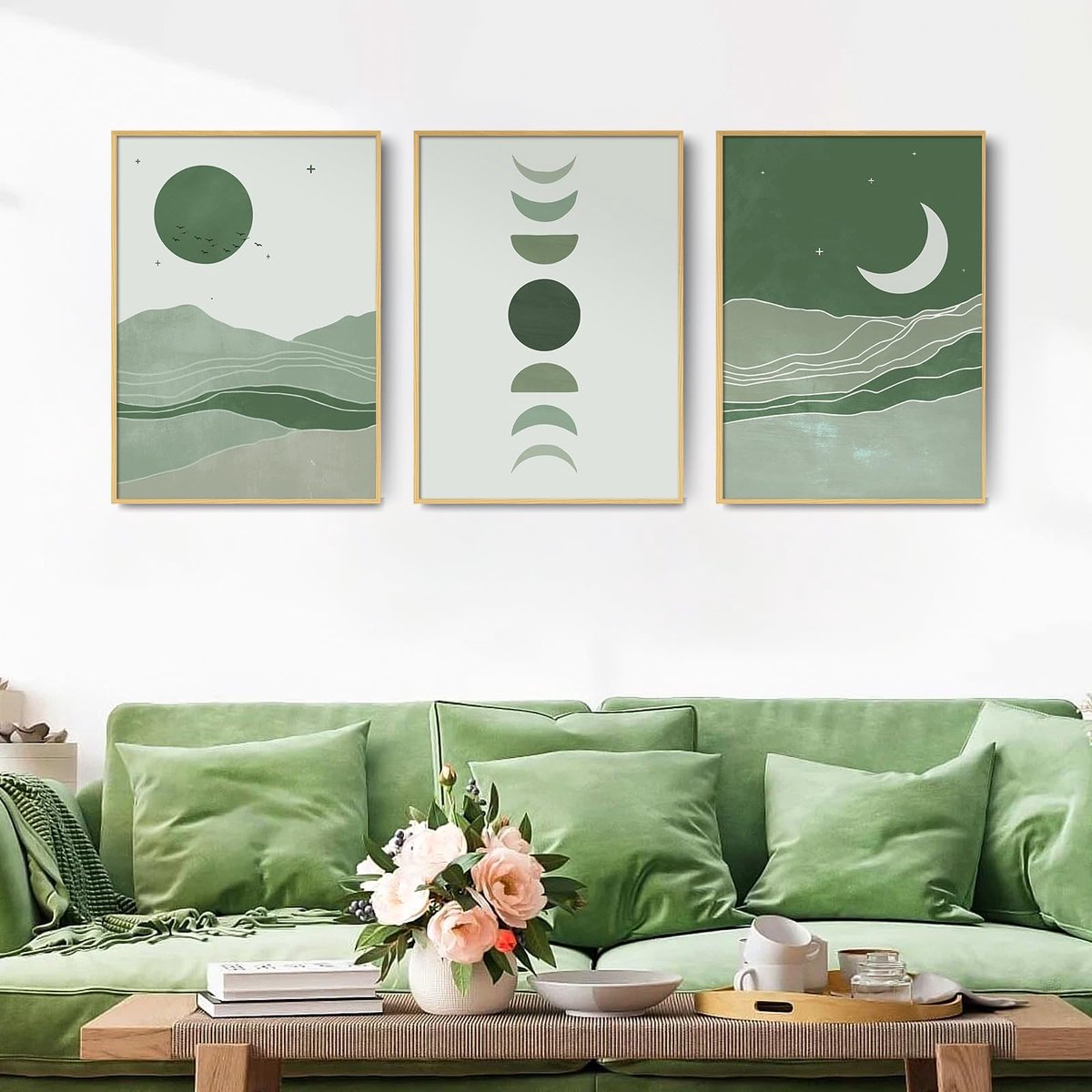 Unyqoos Set van drie vintage abstracte kunstposters op canvas voor interieurdecoratie groen