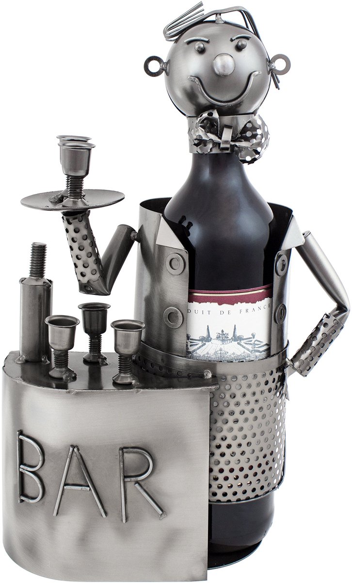 Unyqoos® Decoratieve metalen wijnfleshouder met barkeeper als uniek geschenkidee