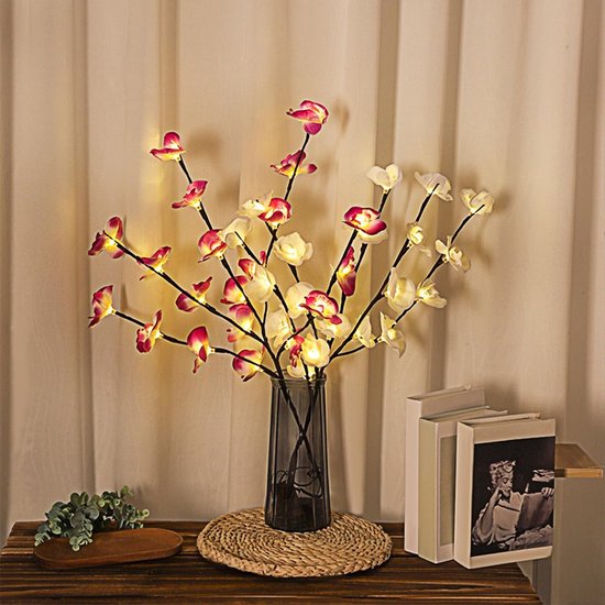 Branches d'Orchidée Illuminées Décoratives avec Petites Lumières LED - 2 Pièces - Lumière Pourpre & Wit