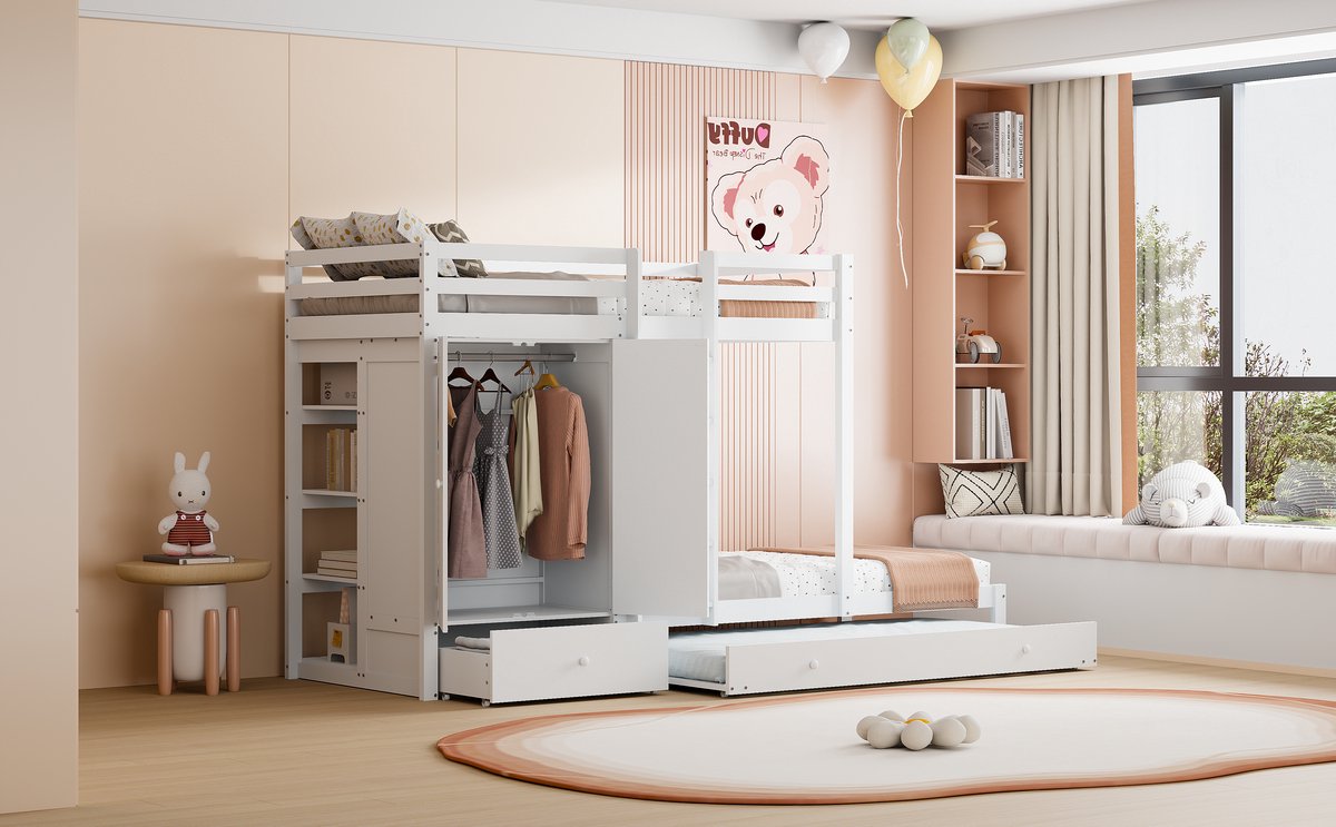 Wishdor Stapelbed 90x200 cm - Met Uitschuifbed & Kledingkast - Inclusief Lades en Opbergvak - Ultieme Opberger - Hout - Wit