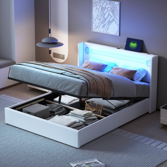 REDOM Bedframe 140x200 cm – PU-kunstleer wit – Met Bluetooth speaker, LED-strip & hydraulische opbergruimte