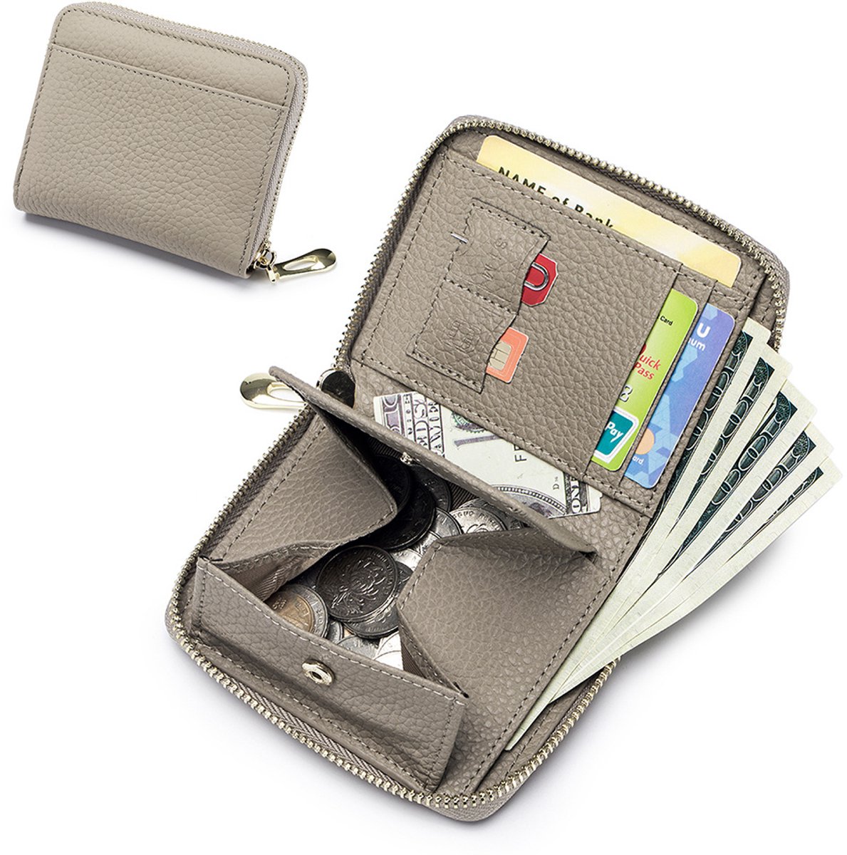 RFID Leren Portemonnee – Compacte Rits Kaarthouder, Munt- en Geldvak voor Heren en Dames - Grijs