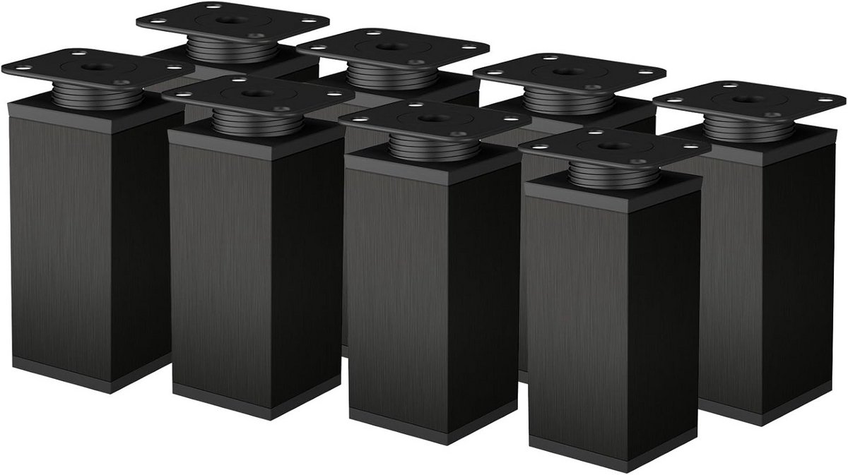 8x Verstelbare Meubelpoten Zwart Metaal - 100mm Hoogte - Vierkant 40x40 mm