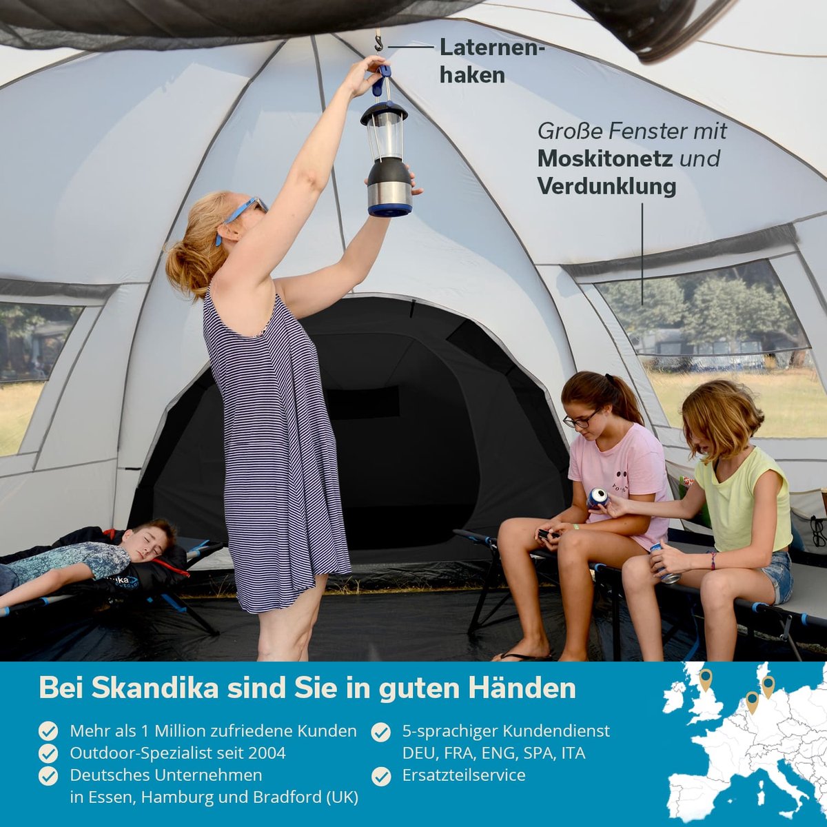 Skandika Turin Tent – Tenten – Familietent - Campingtent – Voor 12 personen – Koepeltent – Muggengaas – 3 slaapcabines - 200 cm stahoogte – Stalen stangen – 3000 mm waterkolom – Outdoor, Camping, Tuin – Kamperen – grijs/oranje – foto 7
