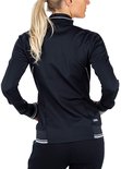 Donkerblauw trainingsjack voor dames, achterkant. Met witte biezen op de onderkant van de mouwen en de jas.