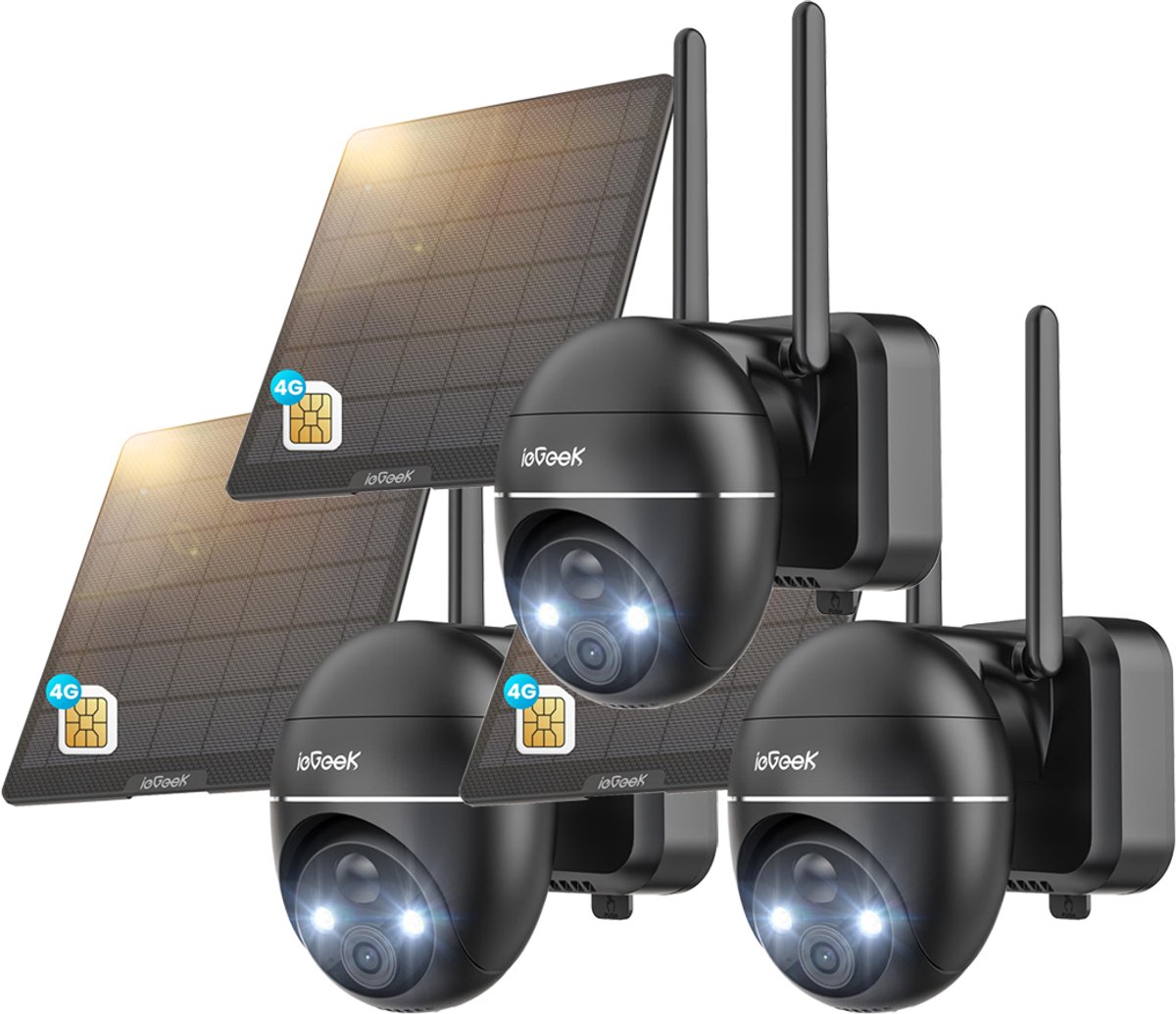 4G LTE Beveiligingscamera voor Buiten – 2K – Auto-Tracking & AI Detectie – Nachtzicht – WiFi & 4G – Zonnepaneel - Pan tilt - Full HD - Weerbestendig - AI Tracking – Inclusief SIM-kaart - Zwart - 3 stuks
