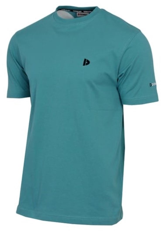 Turquoise t-shirt met zwart logo op de borst en op de mouw. Effen.