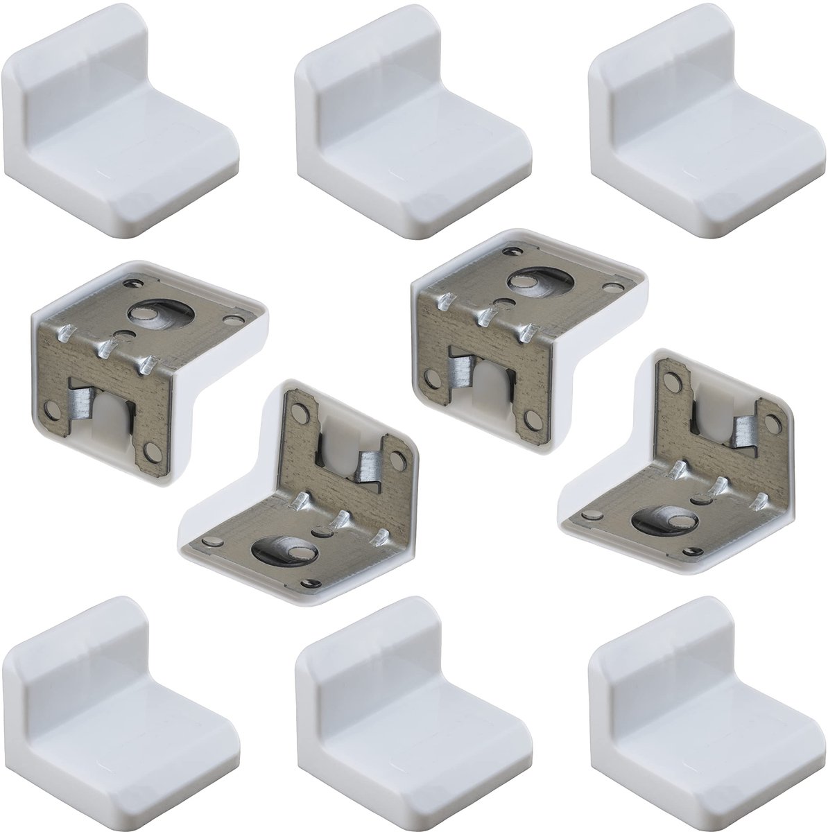 Set met 10 bevestigingshoeken voor keukenwerkbladen 29 x 38 x 39 mm met 6 gaten - deksel van kunststof 32 x 40 x 44 mm - montage- en ophangbeslag - staal - wit