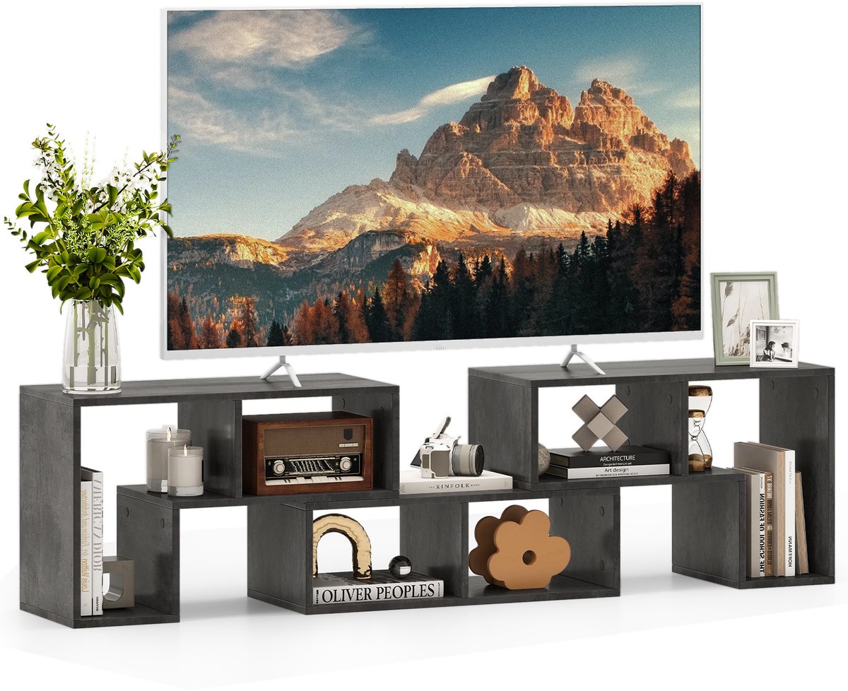 COSTWAY Televisiekast, 3-delig, vrij te combineren, houten televisietafel voor tv's tot 65 inch, tv-lowboard, hoekplank, uittrekbaar, boekenkast, opbergrek, multifunctioneel (grijs, 134-180) x 30 x 43