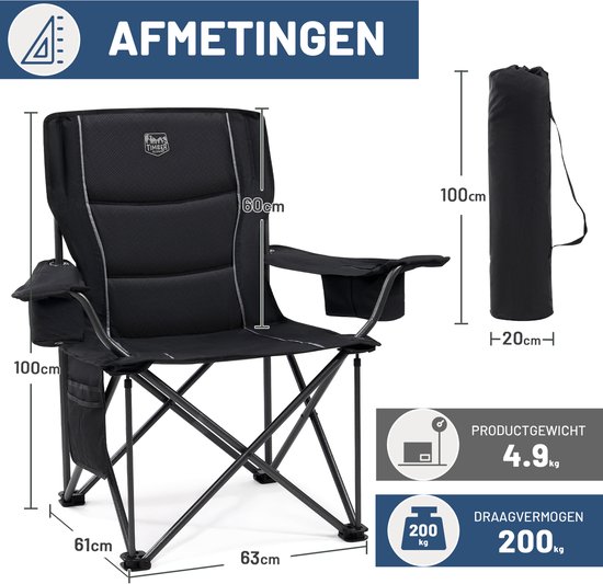 TIMBER RIDGE Campingstoelen XL - 2-Pack - Opvouwbaar - 200KG draagvermogen - Met bekerhouder & zijvak - Voor camping - Klapstoel - Visstoel - Kampeerstoel - Vouwstoel -Zwart — afbeelding 3