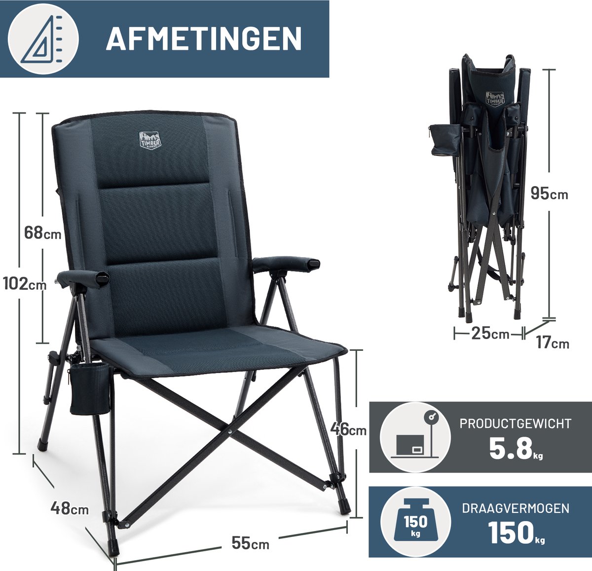 TIMBER RIDGE Campingstoel - Opvouwbaar & Stevig - 150KG draagvermogen - 55 cm zitbreedte - Hoge rugleuning - Met bekerhouder - Zwart — cadeau in Sport & Outdoor - foto 3